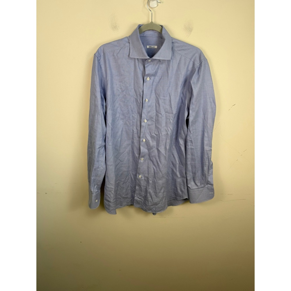 Fray Italy Mens Dress Shirt Blue White Micro Houndstooth Cotton Size 16 41